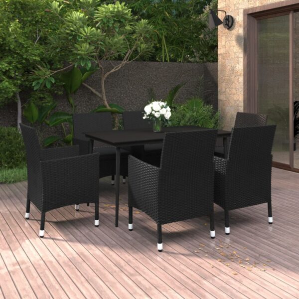 vidaXL 7 Piece Patio Dining Set with Cushions Poly Rattan and Glass