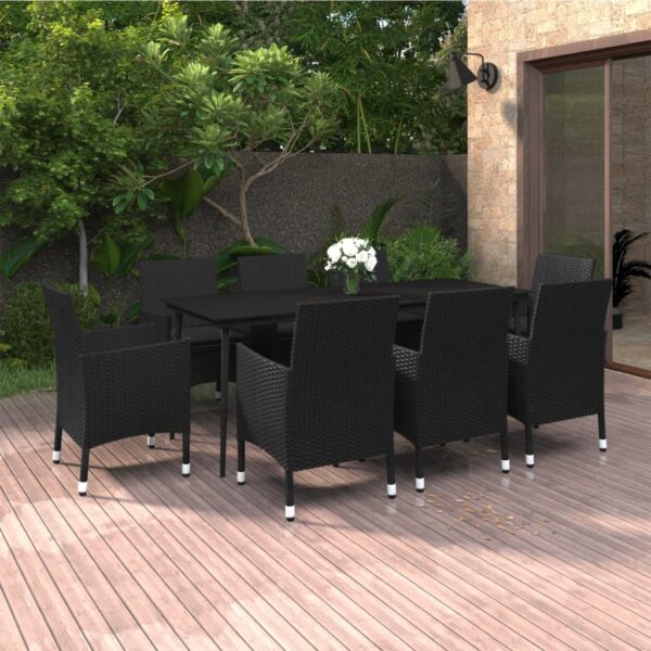 vidaXL 9 Piece Patio Dining Set with Cushions Poly Rattan and Glass