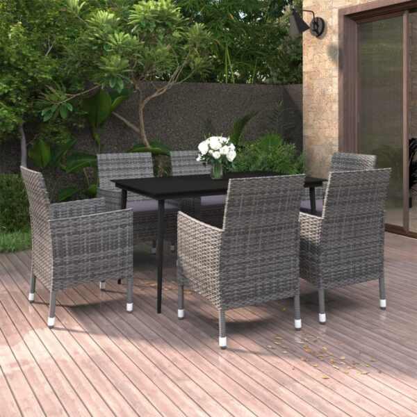 vidaXL 7 Piece Patio Dining Set with Cushions Poly Rattan and Glass