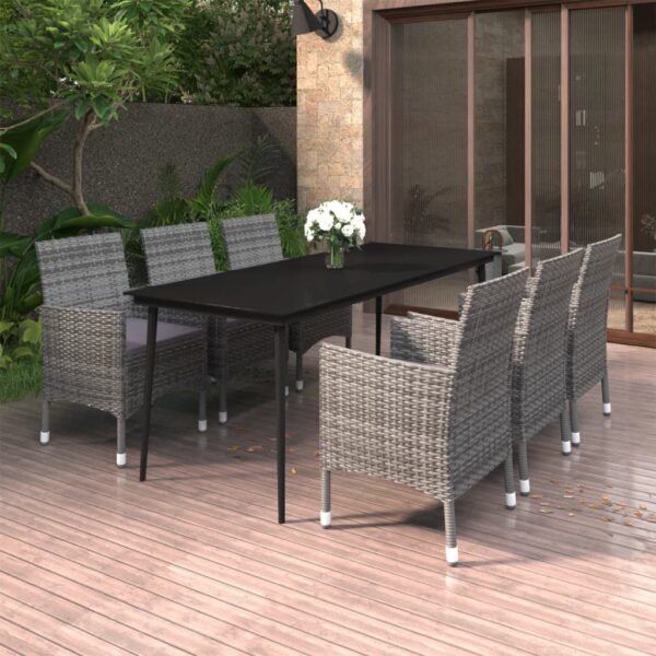 vidaXL 7 Piece Patio Dining Set with Cushions Poly Rattan and Glass