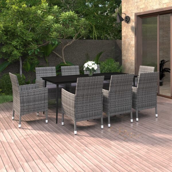 vidaXL 9 Piece Patio Dining Set with Cushions Poly Rattan and Glass