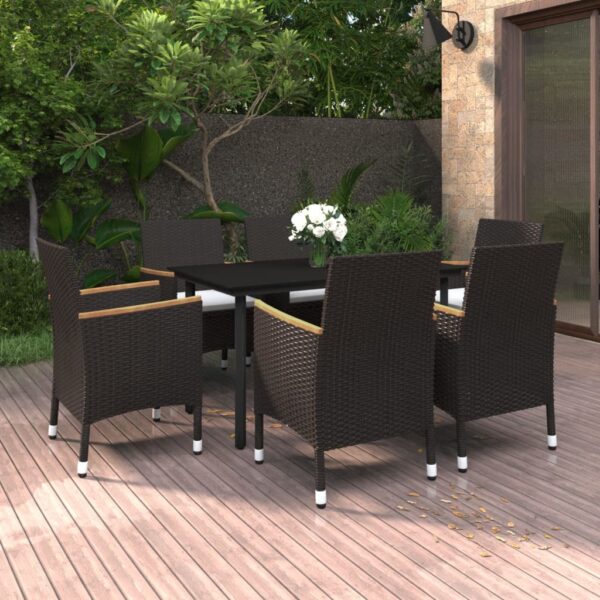 vidaXL 7 Piece Patio Dining Set with Cushions Poly Rattan and Glass