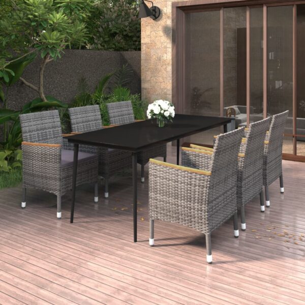 vidaXL 7 Piece Patio Dining Set with Cushions Poly Rattan and Glass