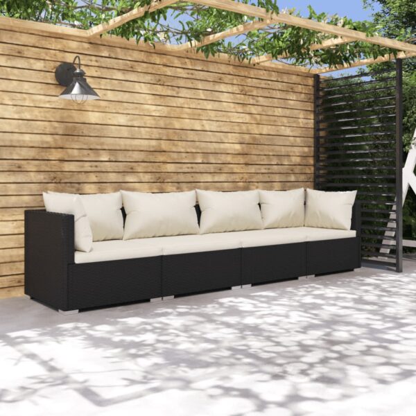 vidaXL Patio Furniture Set 4 Piece with Cushions Poly Rattan Black