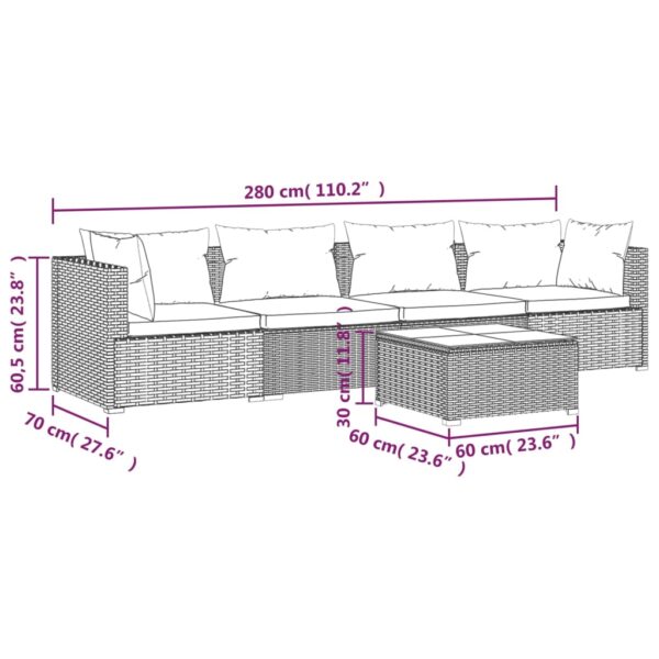 vidaXL Patio Furniture Set 5 Piece with Cushions Poly Rattan Brown - Image 9