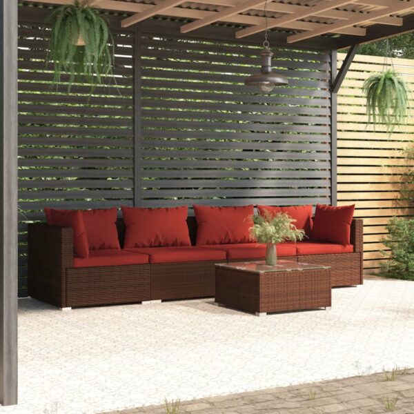 vidaXL Patio Furniture Set 5 Piece with Cushions Poly Rattan Brown