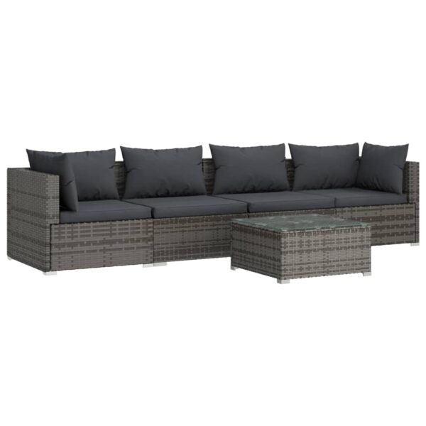 vidaXL Patio Furniture Set 5 Piece with Cushions Poly Rattan Gray - Image 2