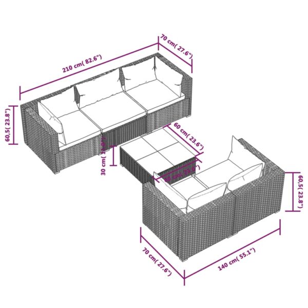 vidaXL 6 Piece Patio Lounge Set with Cushions Poly Rattan Brown - Image 9