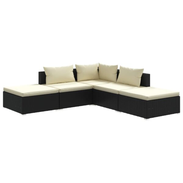 vidaXL 5 Piece Garden Lounge Set with Cushions Poly Rattan Black - Image 2