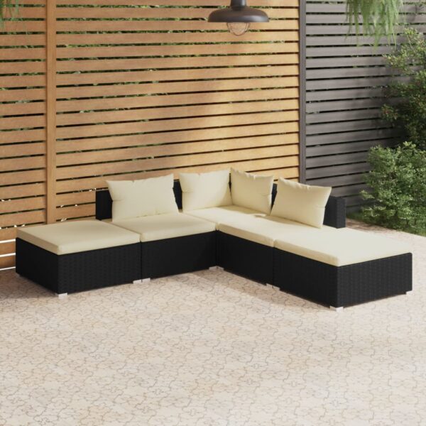 vidaXL 5 Piece Garden Lounge Set with Cushions Poly Rattan Black