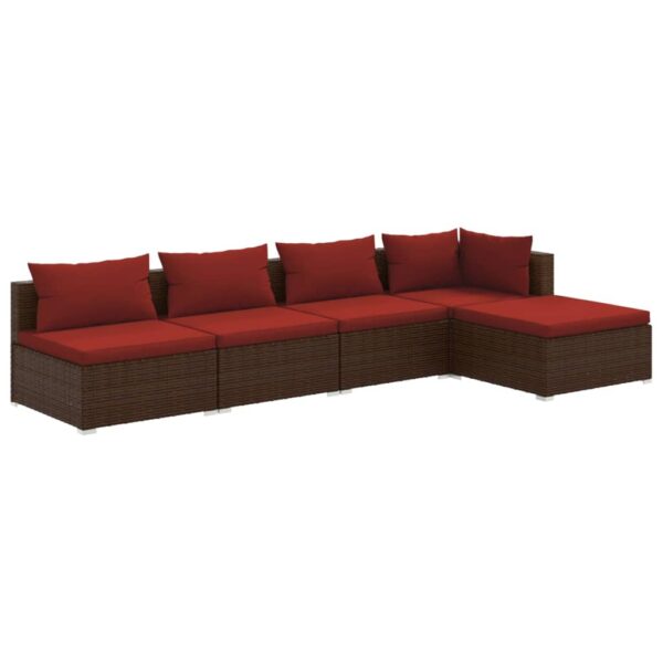 vidaXL 5 Piece Patio Lounge Set with Cushions Poly Rattan Brown - Image 2