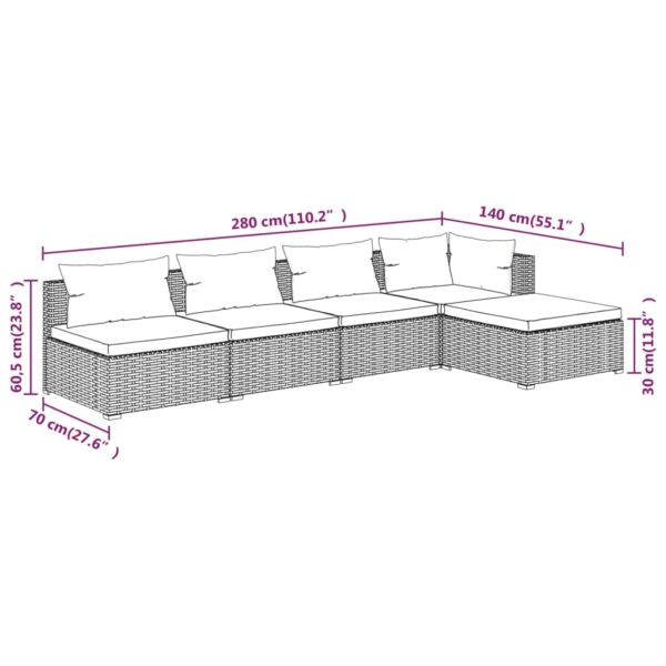 vidaXL 5 Piece Patio Lounge Set with Cushions Poly Rattan Brown - Image 6