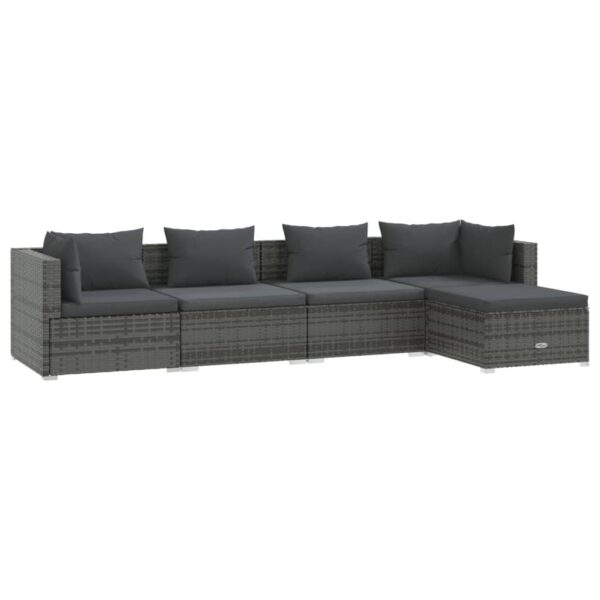 vidaXL 5 Piece Patio Lounge Set with Cushions Poly Rattan Gray - Image 2