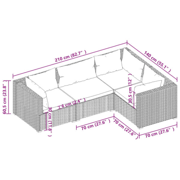 vidaXL 4 Piece Patio Lounge Set with Cushions Poly Rattan Black - Image 5