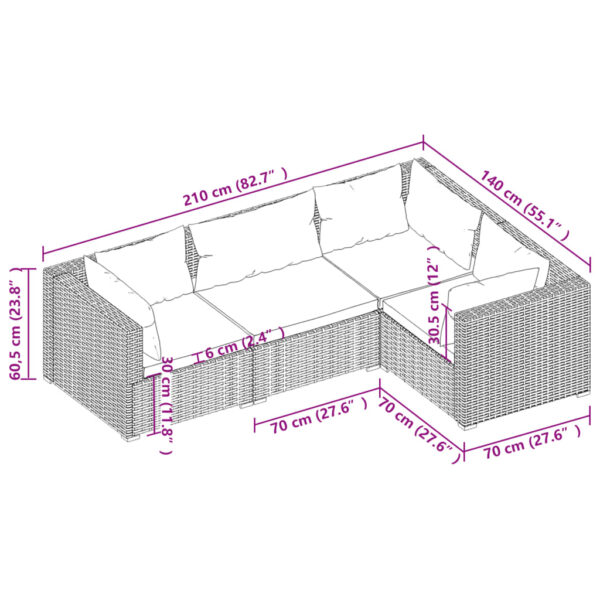 vidaXL 4 Piece Patio Lounge Set with Cushions Poly Rattan Brown - Image 5