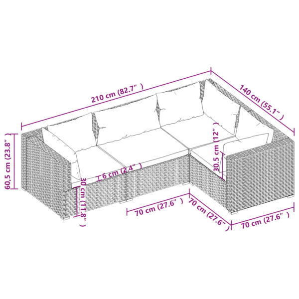 vidaXL 4 Piece Patio Lounge Set with Cushions Poly Rattan Gray - Image 5