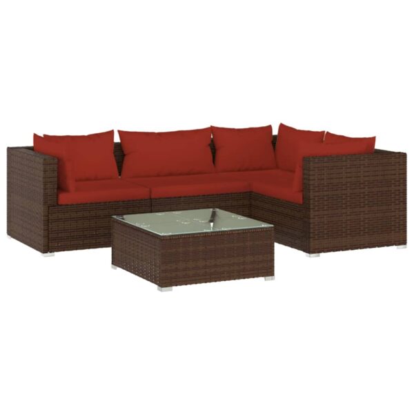 vidaXL 5 Piece Patio Lounge Set with Cushions Poly Rattan Brown - Image 2