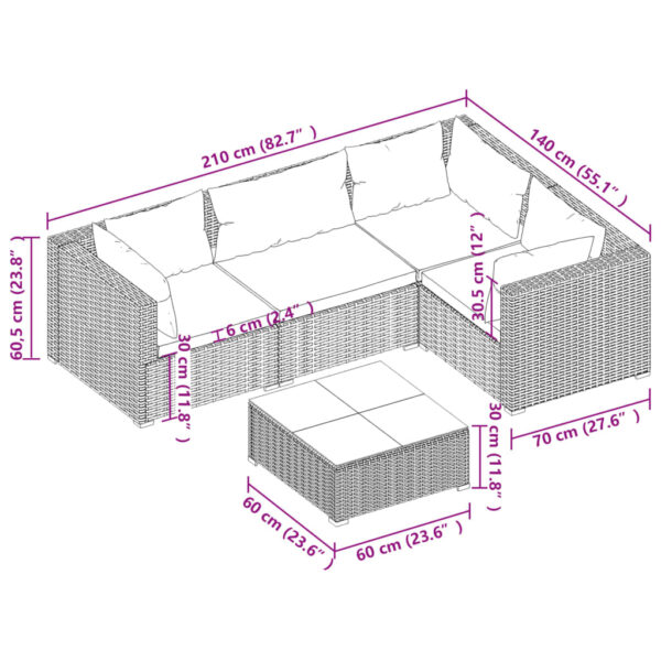 vidaXL 5 Piece Patio Lounge Set with Cushions Poly Rattan Brown - Image 6