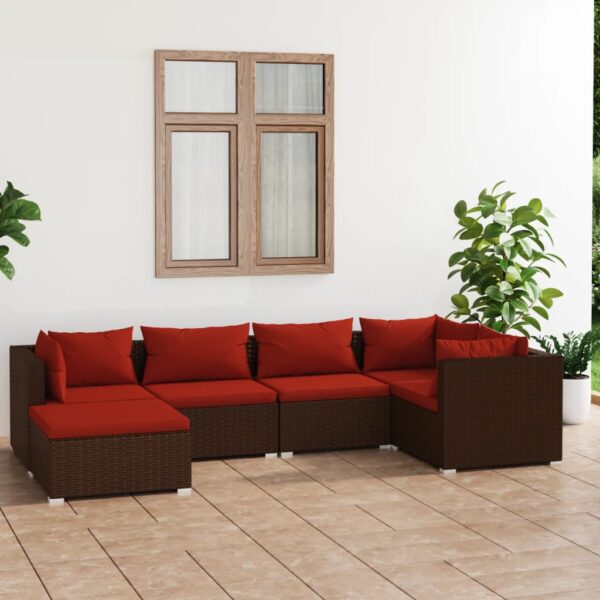 vidaXL 6 Piece Patio Lounge Set with Cushions Poly Rattan Brown