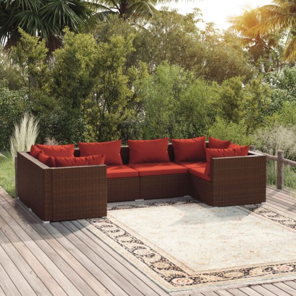 vidaXL 6 Piece Patio Lounge Set with Cushions Poly Rattan Brown