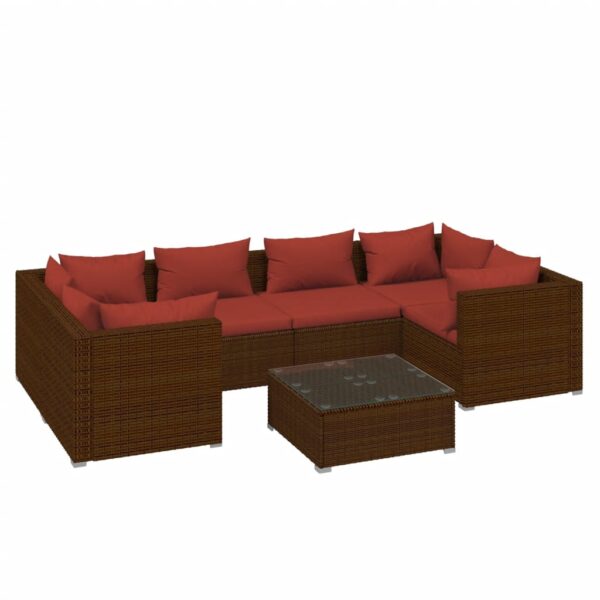 vidaXL 7 Piece Patio Lounge Set with Cushions Poly Rattan Brown - Image 2