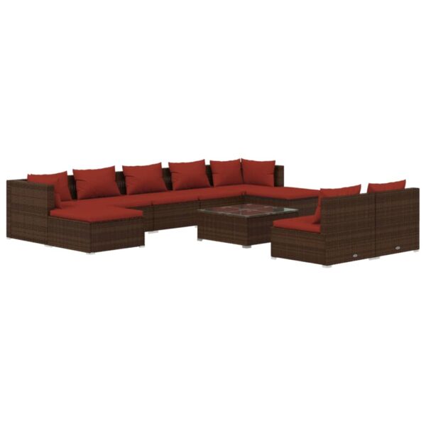 vidaXL 10 Piece Patio Lounge Set with Cushions Brown Poly Rattan - Image 2