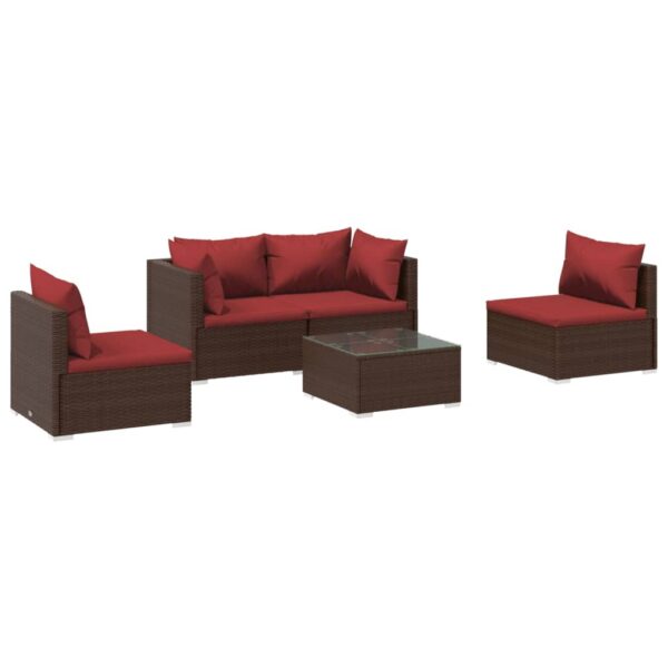 vidaXL 5 Piece Patio Lounge Set with Cushions Poly Rattan Brown - Image 2