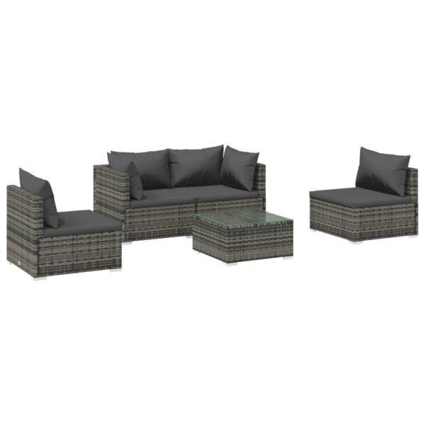 vidaXL 5 Piece Patio Lounge Set with Cushions Poly Rattan Gray - Image 2