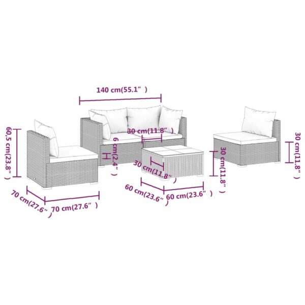 vidaXL 5 Piece Patio Lounge Set with Cushions Poly Rattan Gray - Image 9