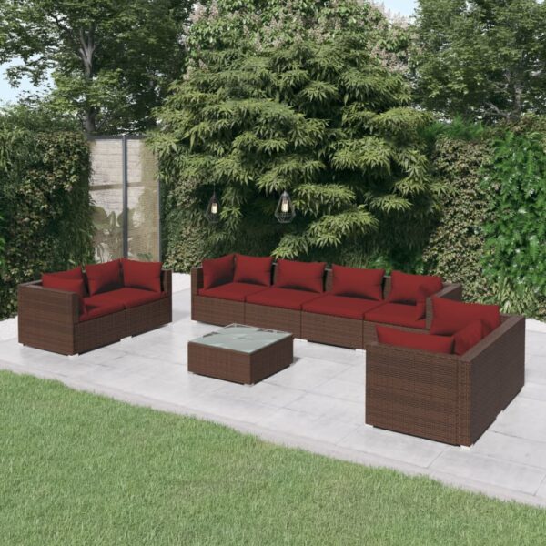 vidaXL 9 Piece Patio Lounge Set with Cushions Poly Rattan Brown