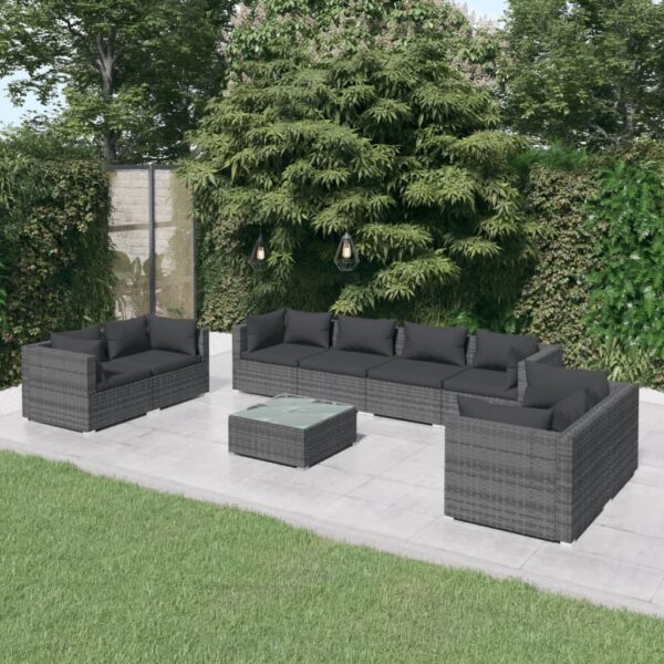 vidaXL 9 Piece Patio Lounge Set with Cushions Poly Rattan Gray