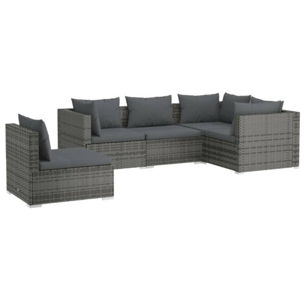 vidaXL 5 Piece Patio Lounge Set with Cushions Poly Rattan Gray - Image 2