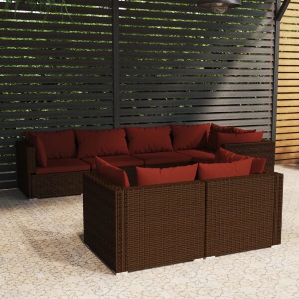 vidaXL 7 Piece Patio Lounge Set with Cushions Brown Poly Rattan