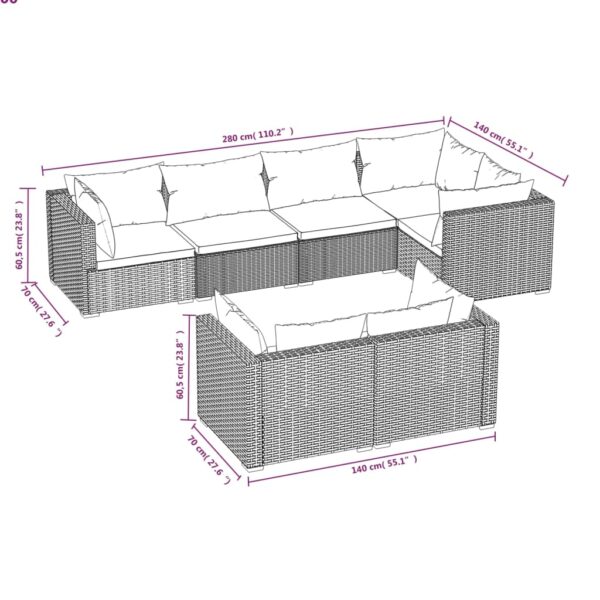 vidaXL 7 Piece Patio Lounge Set with Cushions Gray Poly Rattan - Image 5