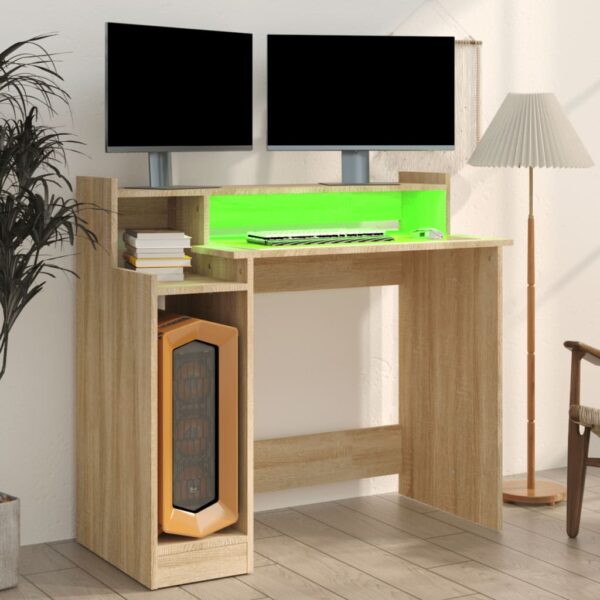 vidaXL Desk with LED Lights Sonoma Oak 38.2"x17.7"x35.4" Engineered Wood - Image 4