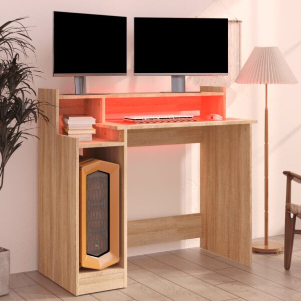 vidaXL Desk with LED Lights Sonoma Oak 38.2"x17.7"x35.4" Engineered Wood - Image 5