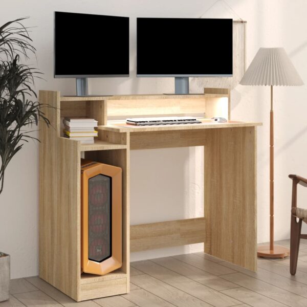 vidaXL Desk with LED Lights Sonoma Oak 38.2"x17.7"x35.4" Engineered Wood - Image 6