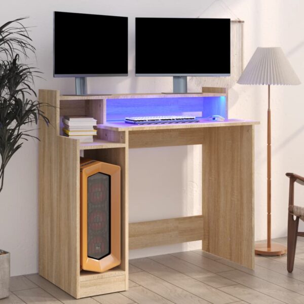 vidaXL Desk with LED Lights Sonoma Oak 38.2"x17.7"x35.4" Engineered Wood