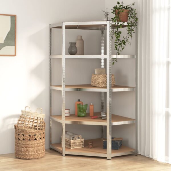 vidaXL 5-Layer Heavy-duty Corner Shelf Silver Steel&Engineered Wood