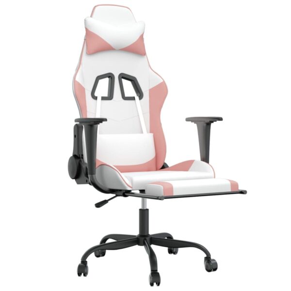 vidaXL Massage Gaming Chair with Footrest White&Pink Faux Leather - Image 3