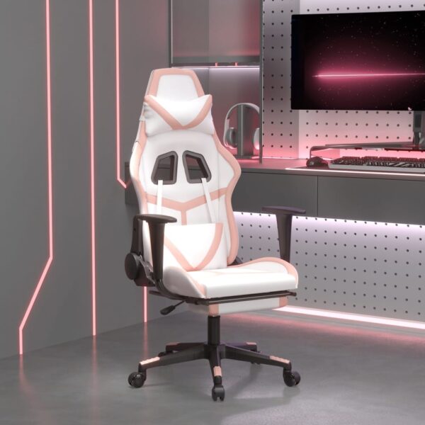 vidaXL Massage Gaming Chair with Footrest White&Pink Faux Leather