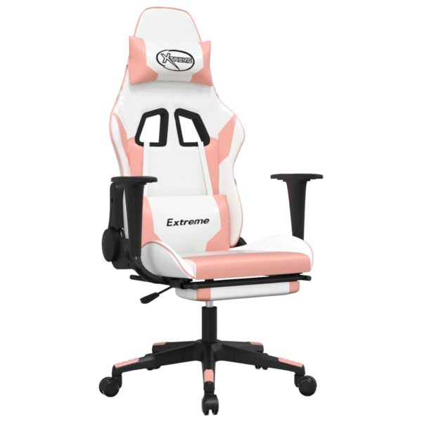 vidaXL Massage Gaming Chair with Footrest White&Pink Faux Leather - Image 2