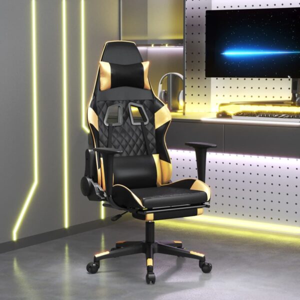 vidaXL Massage Gaming Chair with Footrest Black&Gold Faux Leather