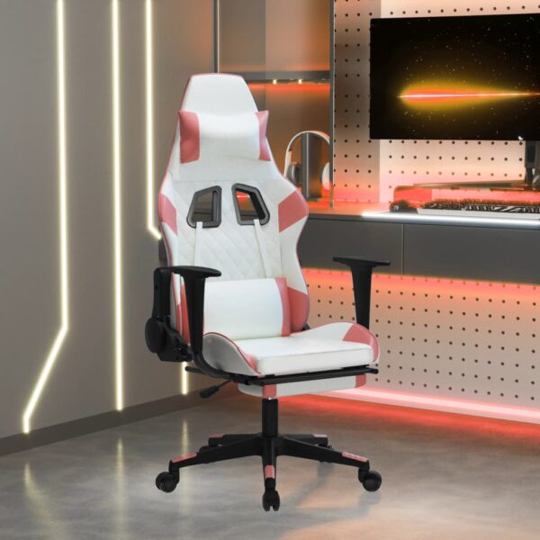 vidaXL Massage Gaming Chair with Footrest White&Pink Faux Leather