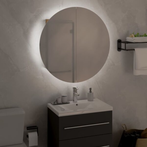 vidaXL Bathroom Cabinet with Round Mirror&LED Oak 18.5"x18.5"x6.9" - Image 3