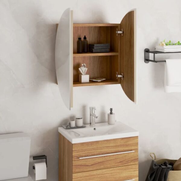 vidaXL Bathroom Cabinet with Round Mirror&LED Oak 18.5"x18.5"x6.9" - Image 4