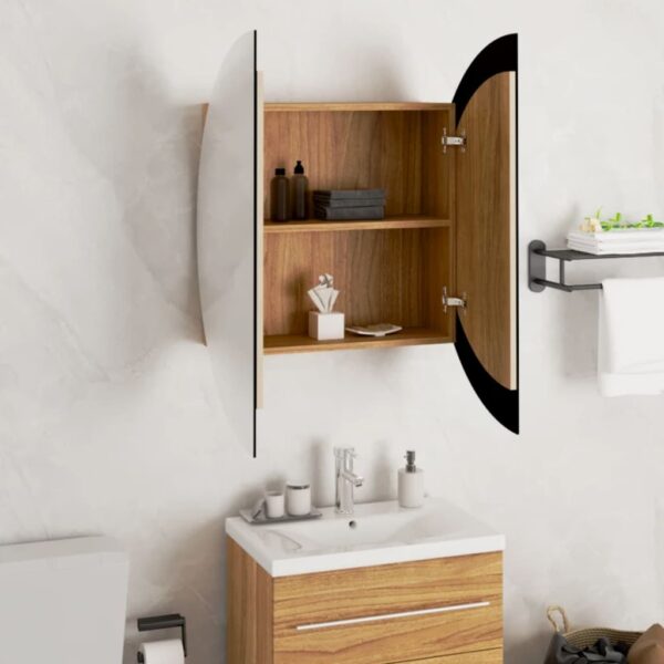 vidaXL Bathroom Cabinet with Round Mirror&LED Oak 21.3"x21.3"x6.9" - Image 4