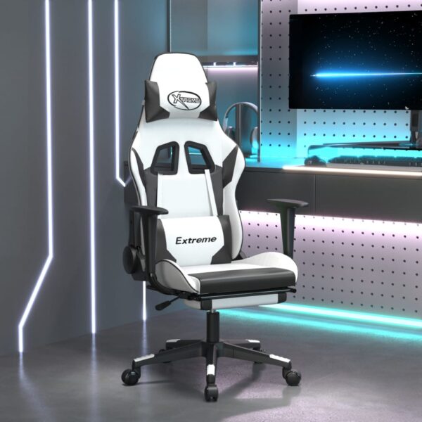 vidaXL Gaming Chair with Footrest White and Black Faux Leather