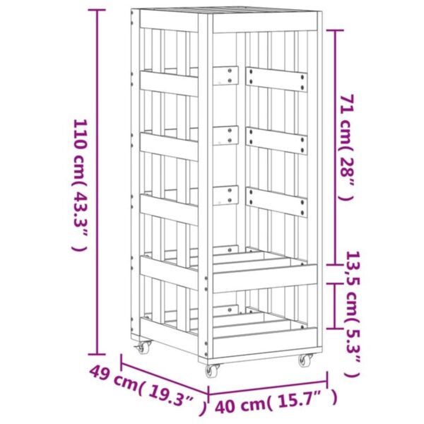 vidaXL Log Holder with Wheels 15.7"x19.3"x43.3" Solid Wood Pine - Image 9