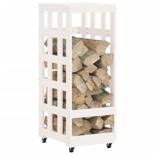 vidaXL Log Holder with Wheels White 15.7"x19.3"x43.3" Solid Wood Pine - Image 3